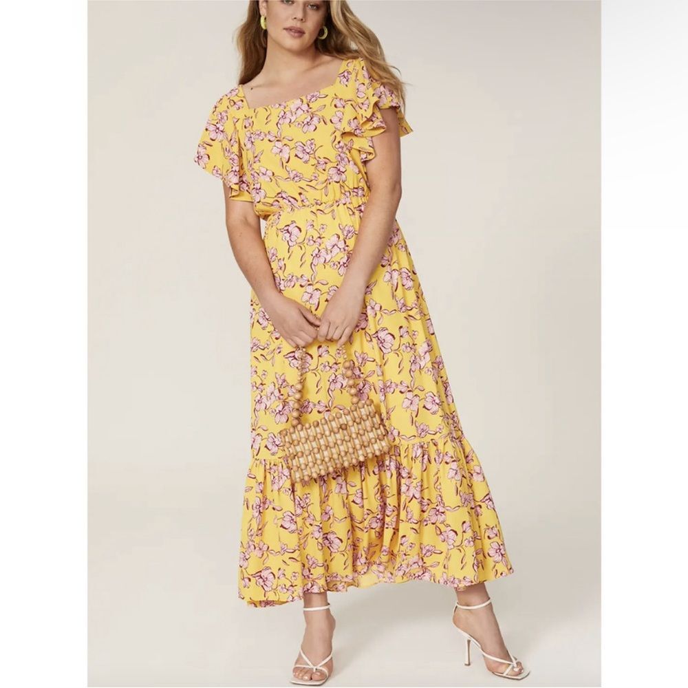 Anthropologie Sachin & Babi Yellow Flutter Sleeve Floral Print Maxi Dress Size 8